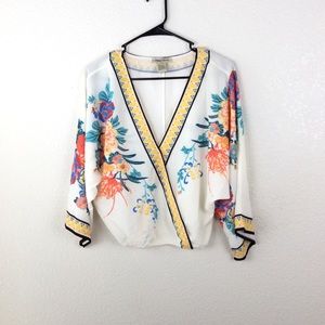 Flying Tomato Floral Faux Wrap Bell Sleeve Blouse